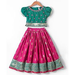 Babyhug Half Sleeves Pattu Pavada Choli with Lehenga Set with  Floral Embroidery - Fuchsia
