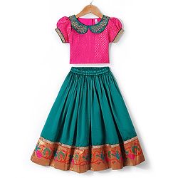 Babyhug Half Sleeves Pattu Pavada Choli with Lehenga Set with  Floral Embroidery - Teal Blue