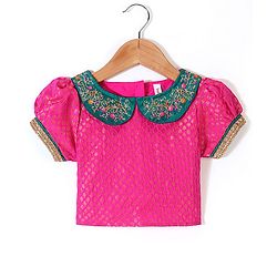 Babyhug Half Sleeves Pattu Pavada Choli with Lehenga Set with  Floral Embroidery - Teal Blue