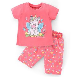 Babyhug Cotton Knit Single Jersey Half Sleeves Capri Night Suit With Unicorn Print - Pink