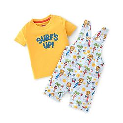 Babyhug 100% Cotton Knit Dungaree & Half Sleeves T-Shirt Set Text & Lion Print - Yellow & Blue