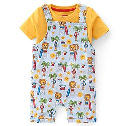 Babyhug 100% Cotton Knit Dungaree & Half Sleeves T-Shirt Set Text & Lion Print - Yellow & Blue