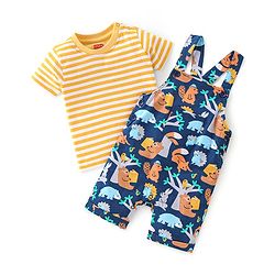 Babyhug 100% Cotton Knit Dungaree & Half Sleeves T-Shirt Set With Animals Print - Blue & Yellow