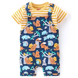 Babyhug 100% Cotton Knit Dungaree & Half Sleeves T-Shirt Set With Animals Print - Blue & Yellow