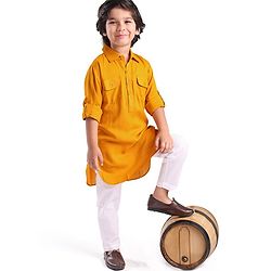 Babyhug Rayon Full Sleeves Pathani Kurta & Pyjama Set Solid Color - Yellow