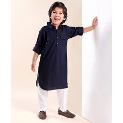 Babyhug Rayon Full Sleeves Pathani Kurta & Pyjama Set Solid Color - Navy Blue
