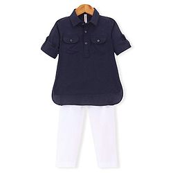 Babyhug Rayon Full Sleeves Pathani Kurta & Pyjama Set Solid Color - Navy Blue