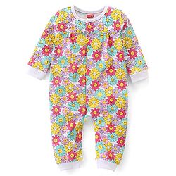 Babyhug 100% Cotton Knit Full Sleeves Romper With Floral Print- Multicolour