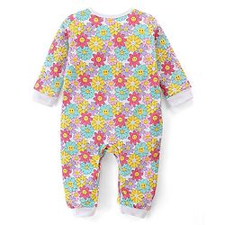 Babyhug 100% Cotton Knit Full Sleeves Romper With Floral Print- Multicolour