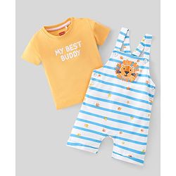 Babyhug 100% Cotton Knit Dungaree and Half Sleeves T-Shirt Set Text & Lion Print - Orange & Blue