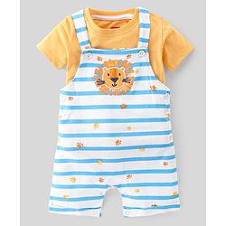 Babyhug 100% Cotton Knit Dungaree and Half Sleeves T-Shirt Set Text & Lion Print - Orange & Blue