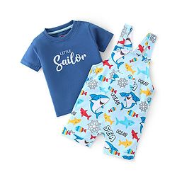 Babyhug 100% Cotton Knit Dungaree & Half Sleeves T-Shirt Set With Text & Shark Print - Blue