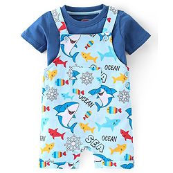 Babyhug 100% Cotton Knit Dungaree & Half Sleeves T-Shirt Set With Text & Shark Print - Blue