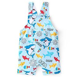 Babyhug 100% Cotton Knit Dungaree & Half Sleeves T-Shirt Set With Text & Shark Print - Blue