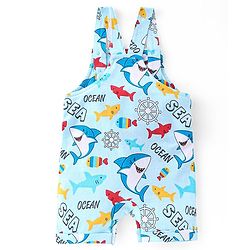 Babyhug 100% Cotton Knit Dungaree & Half Sleeves T-Shirt Set With Text & Shark Print - Blue