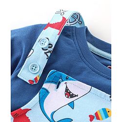 Babyhug 100% Cotton Knit Dungaree & Half Sleeves T-Shirt Set With Text & Shark Print - Blue
