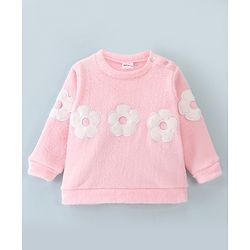 Babyhug Cotton Knit Full Sleeves Fur Sweatshirt with Floral Applique - Pink