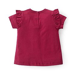 Babyhug 100% Cotton Knit Half Sleeves T-Shirt With Ballerina Shoes Glitter Graphics & Frill Detailing - Red