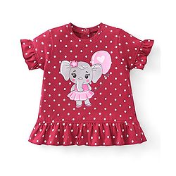 Babyhug Cotton Knit Half Sleeves Top  Polka Dot & Elephant Graphics with Frill Detailing - Maroon