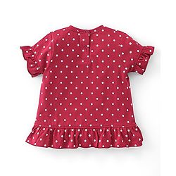 Babyhug Cotton Knit Half Sleeves Top  Polka Dot & Elephant Graphics with Frill Detailing - Maroon