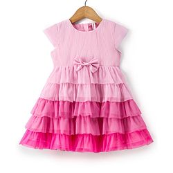 Babyhug Woven Cap Sleeves Layered Party  Dress with Bow Applique - Baby Pink