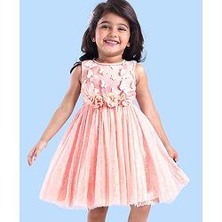 Babyhug Woven Sleeveless Party Dress with 3D Butterfly Applique - Peach