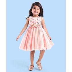 Babyhug Woven Sleeveless Party Dress with 3D Butterfly Applique - Peach