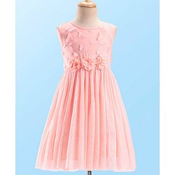 Babyhug Woven Sleeveless Party Dress with 3D Butterfly Applique - Peach