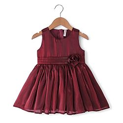 Babyhug Sleeveless Party Frock with Floral Applique - Maroon