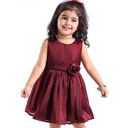 Babyhug Sleeveless Party Frock with Floral Applique - Maroon