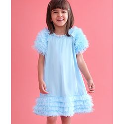 Babyhug Sleeveless A Line & Glittery Party Frock with Frill Detailing - Frozen  Blue