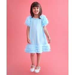 Babyhug Sleeveless A Line & Glittery Party Frock with Frill Detailing - Frozen  Blue
