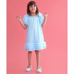 Babyhug Sleeveless A Line & Glittery Party Frock with Frill Detailing - Frozen  Blue