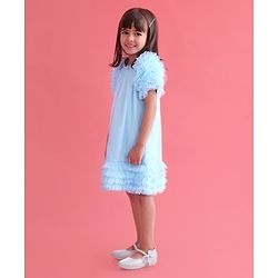 Babyhug Sleeveless A Line & Glittery Party Frock with Frill Detailing - Frozen  Blue