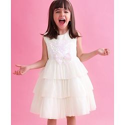 Babyhug Sleeveless Party Wear Tiered Dress with Bow Applique - Cream