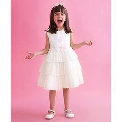Babyhug Sleeveless Party Wear Tiered Dress with Bow Applique - Cream