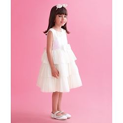 Babyhug Sleeveless Party Wear Tiered Dress with Bow Applique - Cream