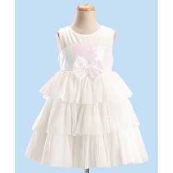 Babyhug Sleeveless Party Wear Tiered Dress with Bow Applique - Cream