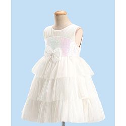 Babyhug Sleeveless Party Wear Tiered Dress with Bow Applique - Cream
