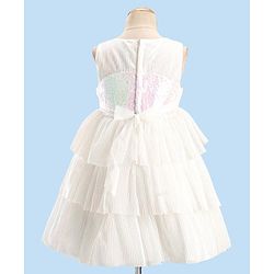 Babyhug Sleeveless Party Wear Tiered Dress with Bow Applique - Cream