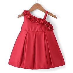 Babyhug Sleeveless Party Wear One Shoulder Dress with Floral Applique - Red