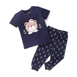 Babyhug Cotton Knit Half Sleeves Night Suit With Teddy Print - Navy Blue