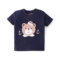 Babyhug Cotton Knit Half Sleeves Night Suit With Teddy Print - Navy Blue