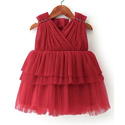 Babyhug Sleeveless Party Wear Frilled Dress With Pearl Detailing & Foil Print - Red