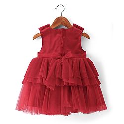 Babyhug Sleeveless Party Wear Frilled Dress With Pearl Detailing & Foil Print - Red
