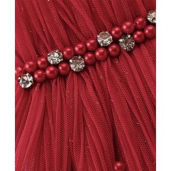 Babyhug Sleeveless Party Wear Frilled Dress With Pearl Detailing & Foil Print - Red