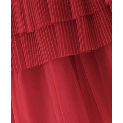 Babyhug Sleeveless Party Wear Frilled Dress With Pearl Detailing & Foil Print - Red
