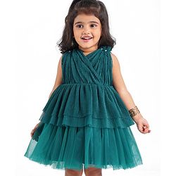 Babyhug Woven Sleeveless Frilled Party Dress with Pearls & Glitter Detailing - Bottle Green