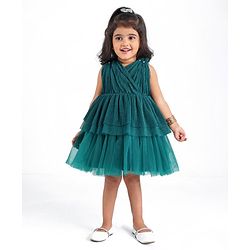 Babyhug Woven Sleeveless Frilled Party Dress with Pearls & Glitter Detailing - Bottle Green