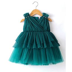 Babyhug Woven Sleeveless Frilled Party Dress with Pearls & Glitter Detailing - Bottle Green